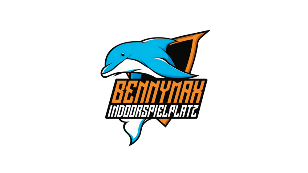 Ein blaues Delfin-Logo mit der Aufschrift „BENNYMAX INDOORSPIELPLATZ“ in orangefarbener Schrift auf einem schwarzen und orangefarbenen Schild.