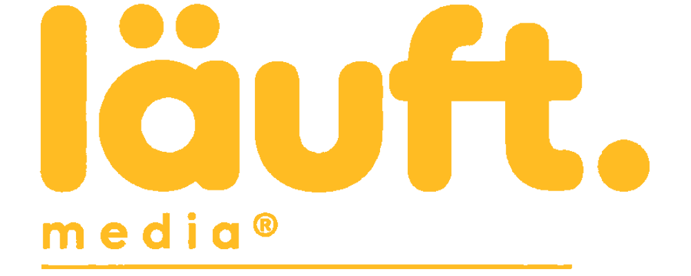 Weißes Logo der Firma läuft. media auf schwarzem Hintergrund in abgerundeter, fetter Schriftart mit einem Punkt am Ende.