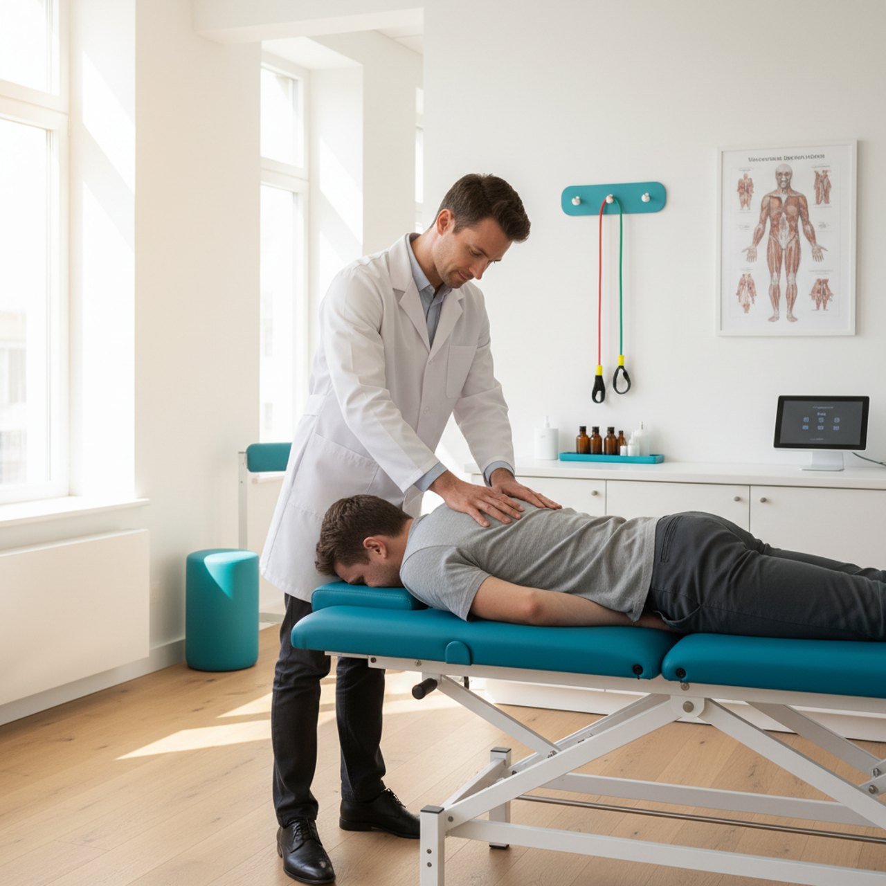 Chiropraktiker untersucht den Rücken einer Patientin