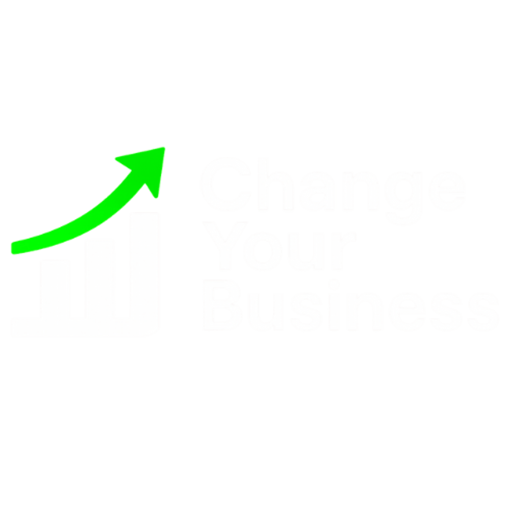 Ein Balkendiagramm mit aufsteigendem Pfeil und dem Text „Change Your Business“.