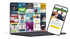 Laptop und Smartphone zeigen Werbebanner für verschiedene Berufe und Fitness-Angebote.