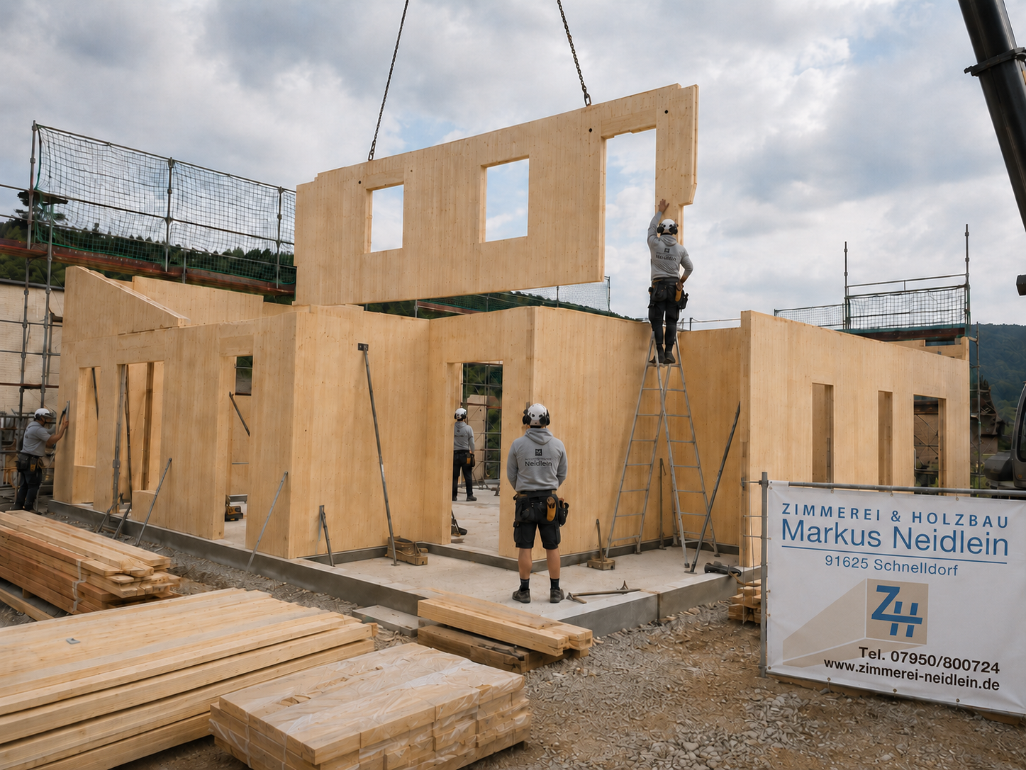 Neubau in Massivholzbauweise mit Massiv-Holz-Mauer (MHM) – Zimmerei Neidlein, Schnelldorf