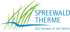 Logo Spreewald Therme: Grüne Gräser, blauer Fluss, Text "SPREEWALD THERME" und "Das Solebad in der Natur".