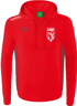 Roter Kapuzenpullover mit Intersport-Logo, Erima-Logo und LHC-Wappen, grauen Mustern an den Seiten und einer Bauchtasche.