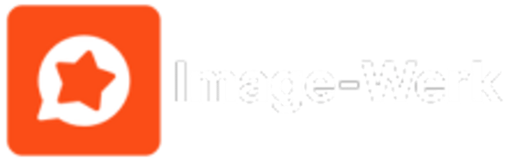 Orangefarbenes Logo mit Sprechblase und Stern, daneben der schwarze Text "Image-Werk".