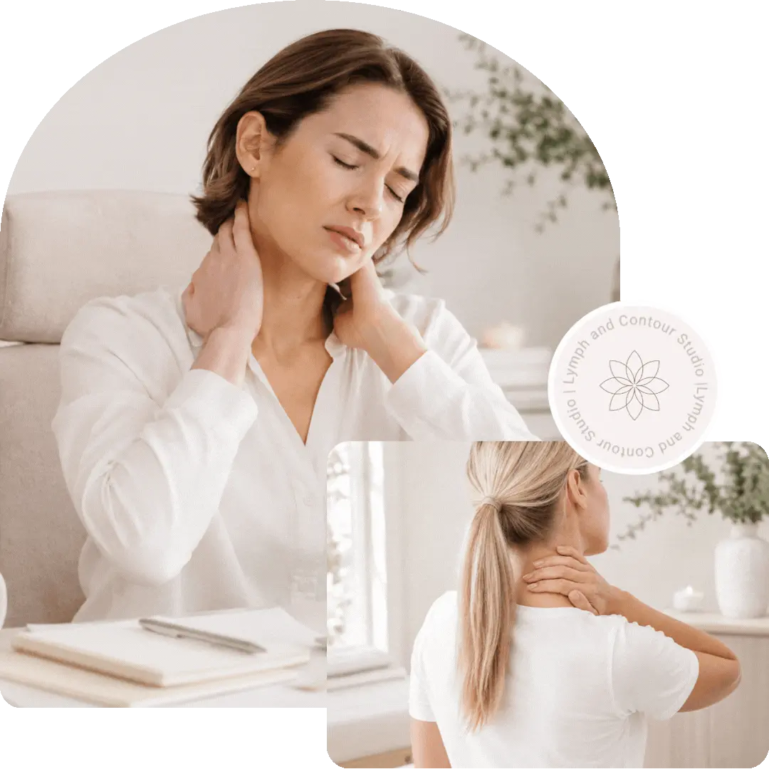 A woman in a white shirt massages her neck in pain, with a Lymph and Contour Studio logo overlay.
