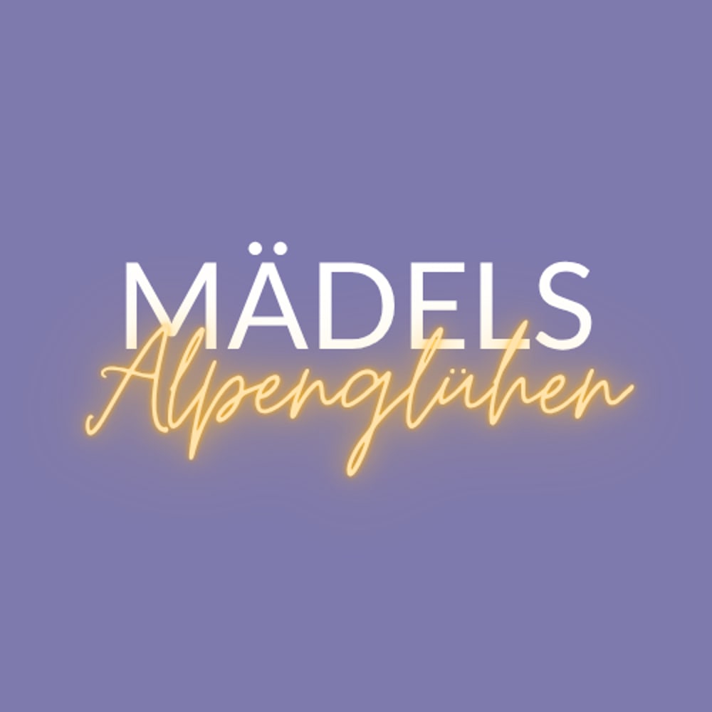 MÄDELS Alpenglühen Schriftzug in Weiß und Gold auf lila Hintergrund.