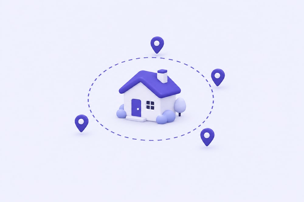 Illustration: Haus in der Mitte eines gestrichelten Kreises mit Pins