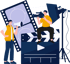 Zwei Männer bei der Filmproduktion: Einer hält ein Megaphon, der andere filmt mit einer Kamera vor Filmstreifen und Klappe.