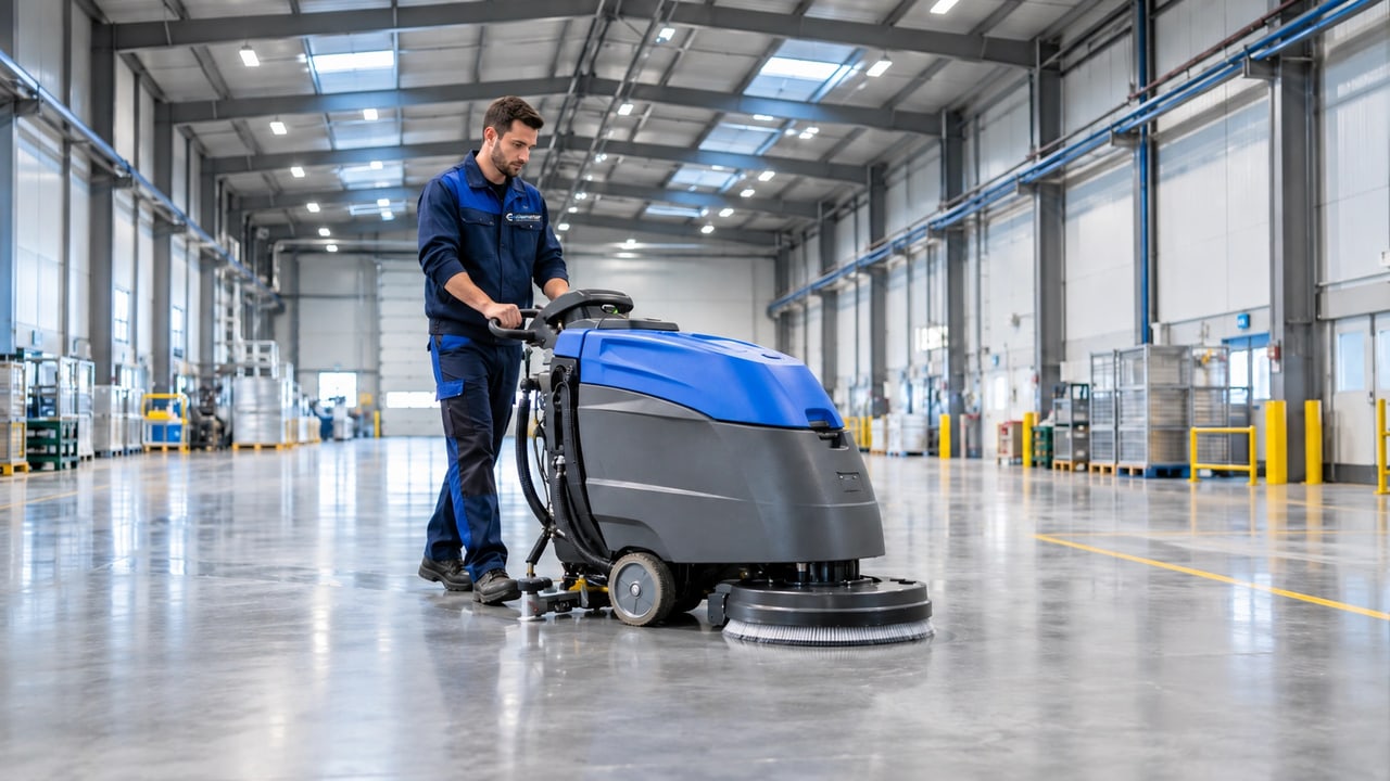 Aufsitzmaschine reinigt eine Produktionshalle