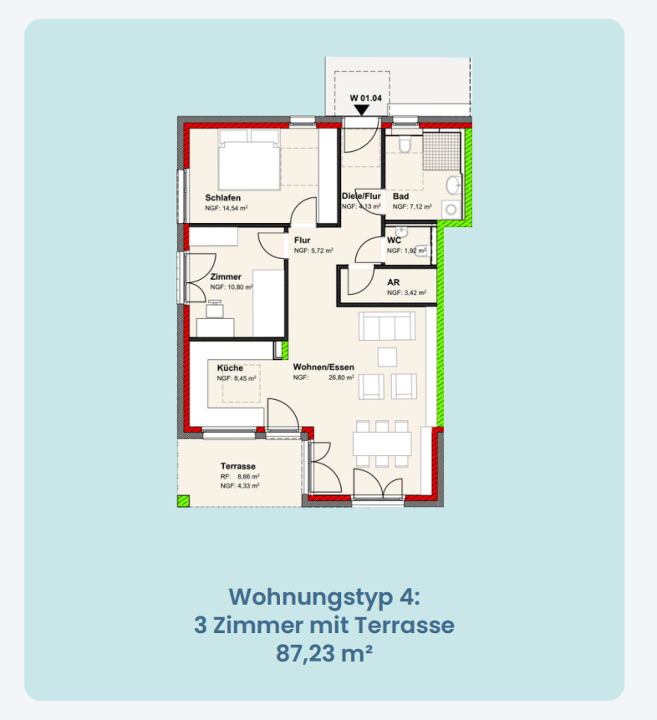 Grundriss Wohnungstyp 4, 3 Zimmer, 87,23 m² Wohnfläche