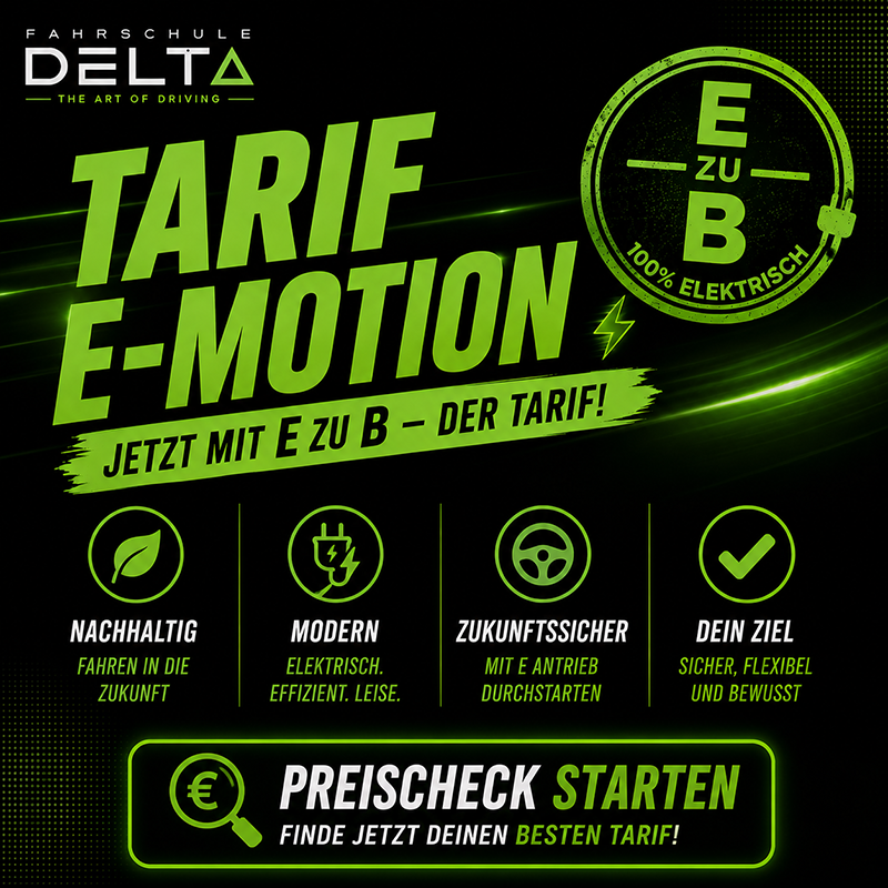 Bei uns in der Fahrschule DELTA in Mannheim kannst du aus 4 Tarifen den für dich passenden Tarif einfach auswählen! Als einzige Fahrschule in Mannheim bieten wir den E-MOTION Tarif, mit dem du zu 100% elektrisch unterwegs zu deinem Führerschein bist.