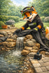Fuchs-Maskottchen mit "RASENFCX"-Kleidung baut einen Steingarten-Wasserfall in einem Garten.