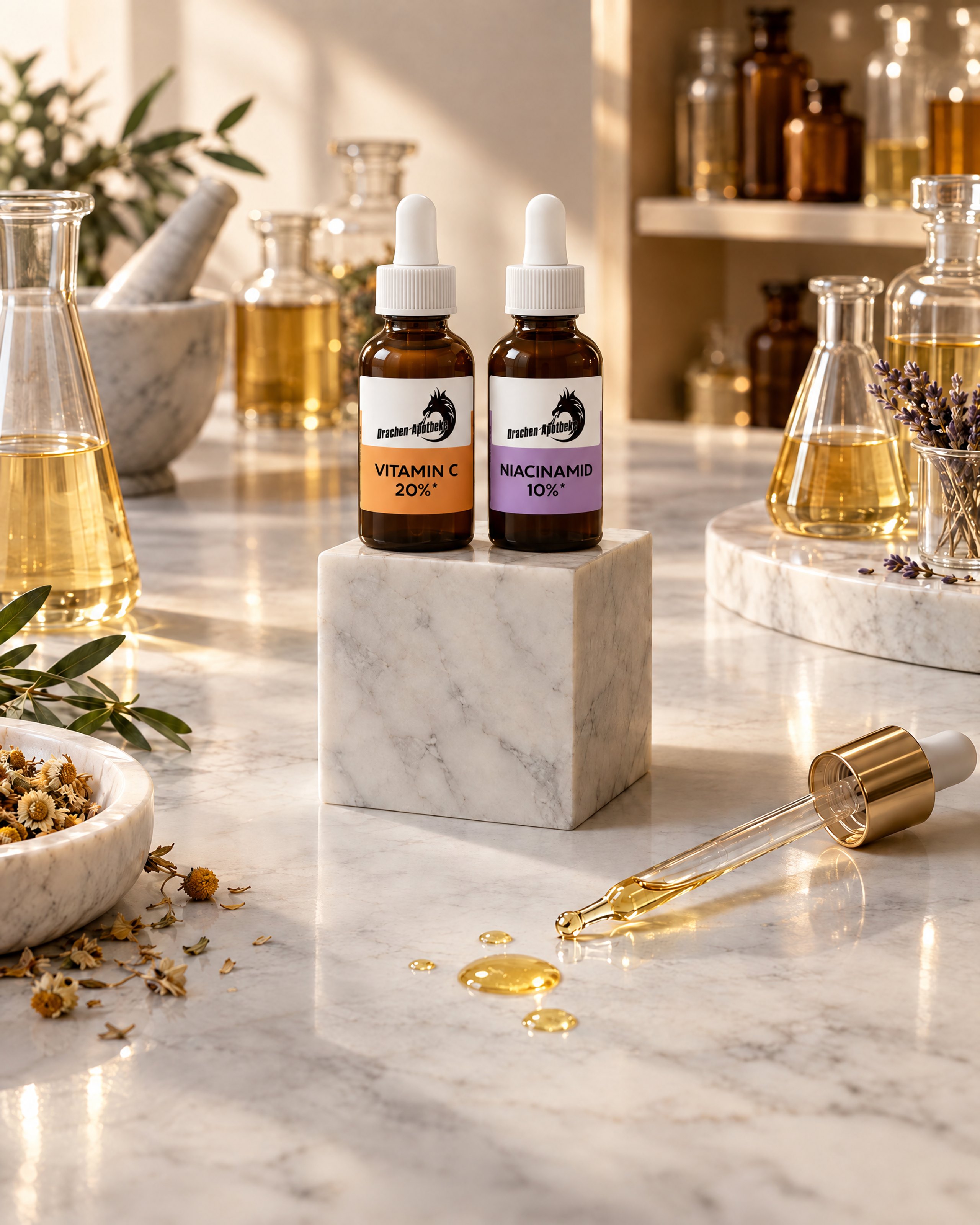 Konzentrate Vitamin C und Niacinamid auf Marmor (KI-generiert)