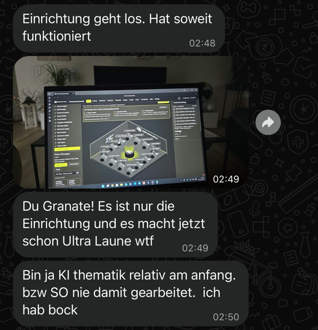 Chat eines Mitglieds: Einrichtung hat soweit funktioniert, ich bin KI-mäßig relativ am Anfang