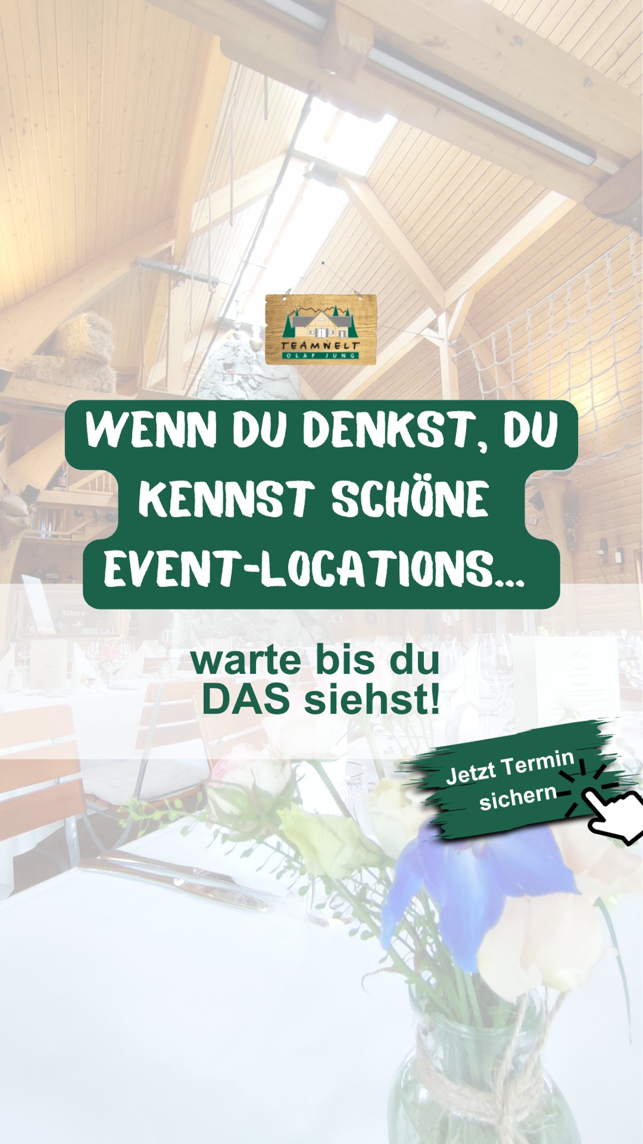 Anzeige Teamwelt: Eventraum mit Holzbalken, „Wenn du denkst, du kennst schöne Event-Locations …“