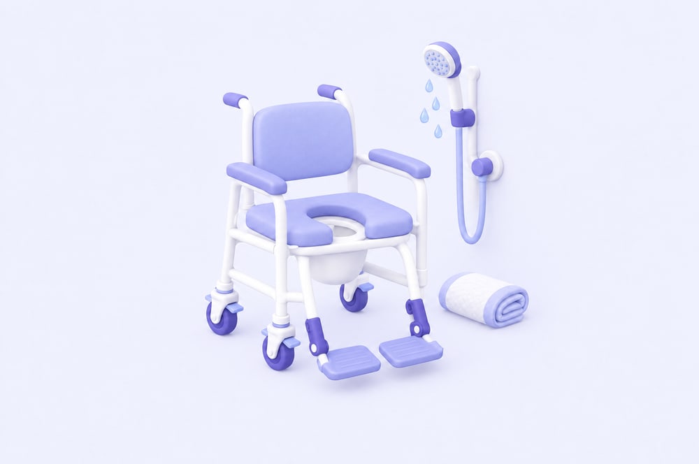 Illustration: Duschtoilettenstuhl mit Rollen neben Duschkopf und Handtuch