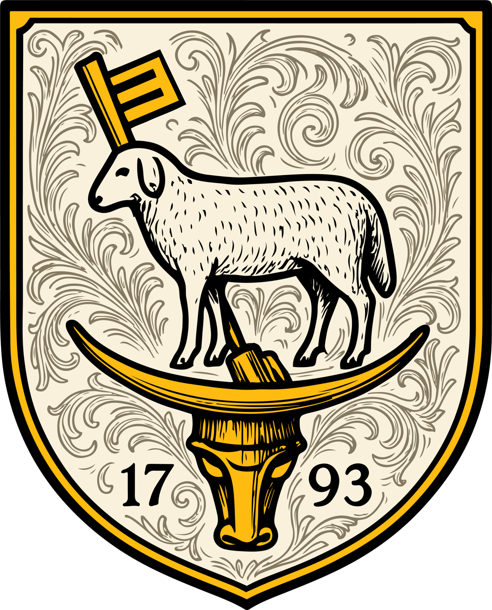 Wappen mit Lamm, Fahne, Stierkopf und den Jahreszahlen 17 und 93.