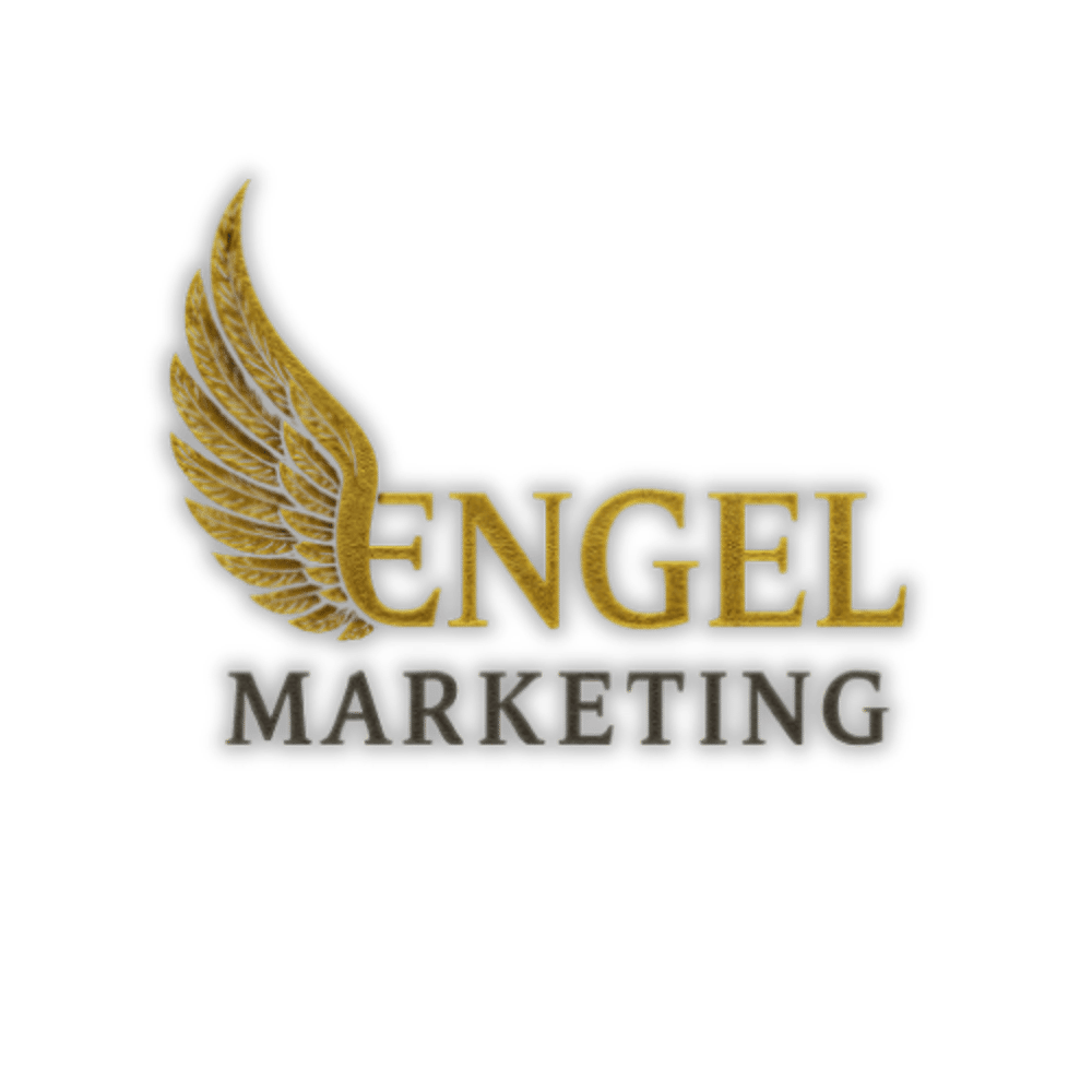 Goldene Engelsflügel mit „ENGEL MARKETING“ auf dunklem Hintergrund.