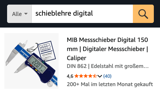 Amazon-Suche nach „schieblehre digital“ mit dem MIB Messschieber als Treffer