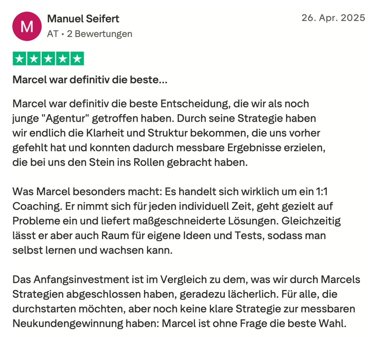 Trustpilot-Rezension von Manuel Seifert