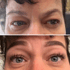 Vorher-Nachher-Vergleich der Augen einer Person: Oben ohne Make-up, unten mit volleren Wimpern und Augenbrauen.