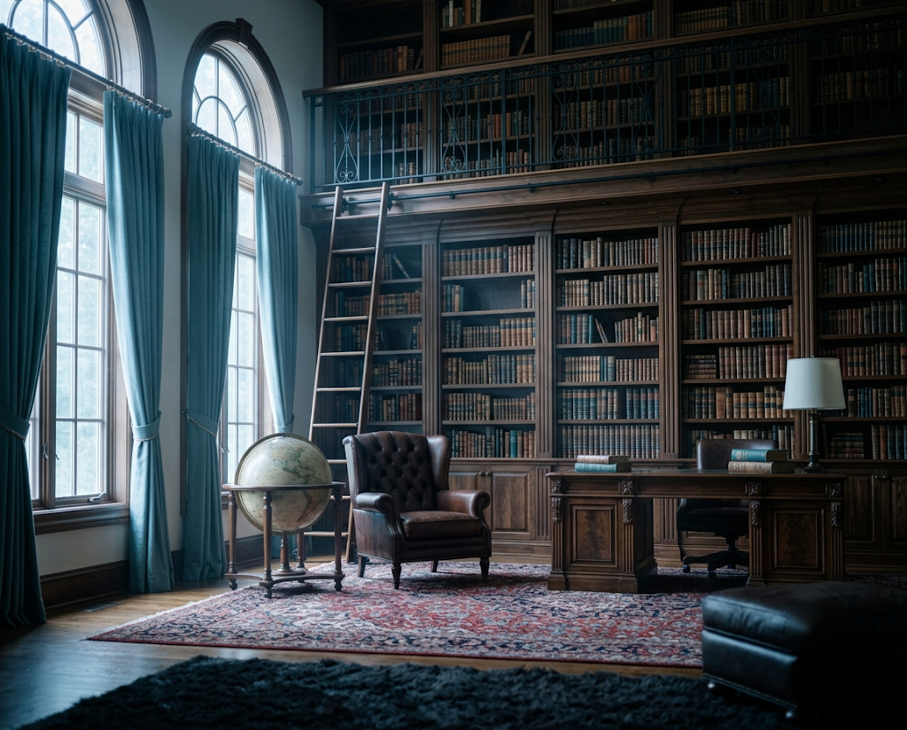 Private Bibliothek mit Galerie, Rollleiter und Ledersessel