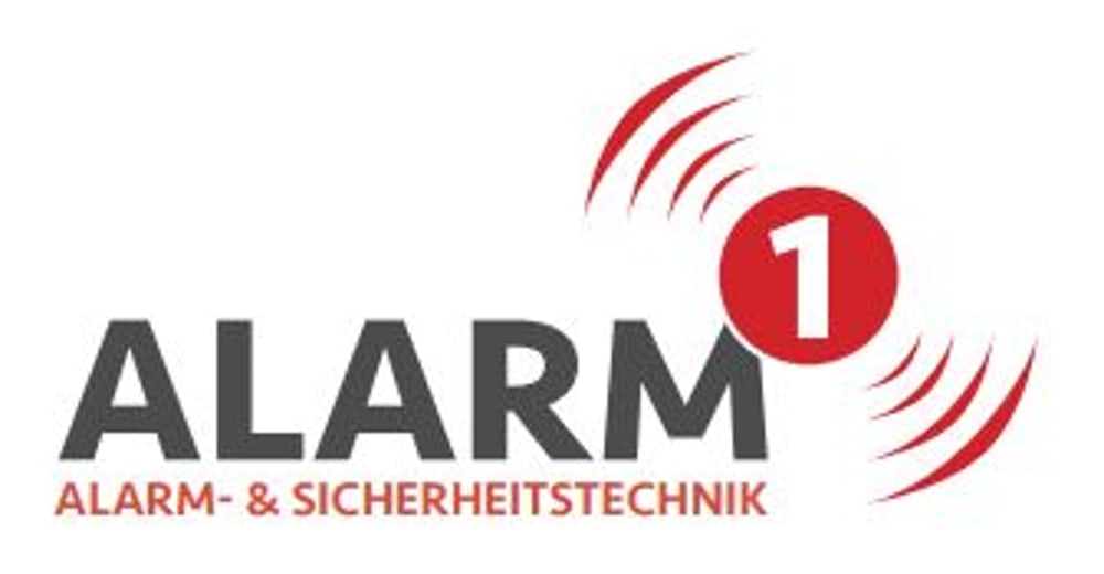 ALARM Alarm- & Sicherheitstechnik Logo mit rotem Kreis, der eine weiße "1" und rote Wellenlinien umgibt.