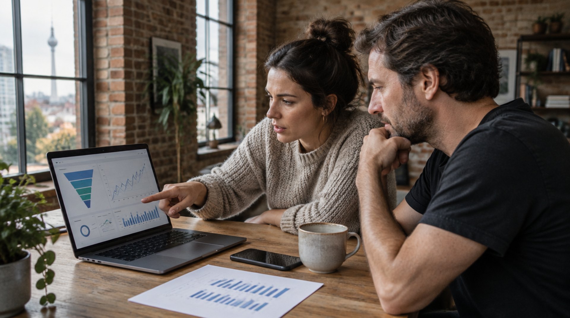 Händlerin und Shopify-Freelancer werten in einem Berliner Loft die Conversion-Berichte eines Shops am Laptop aus