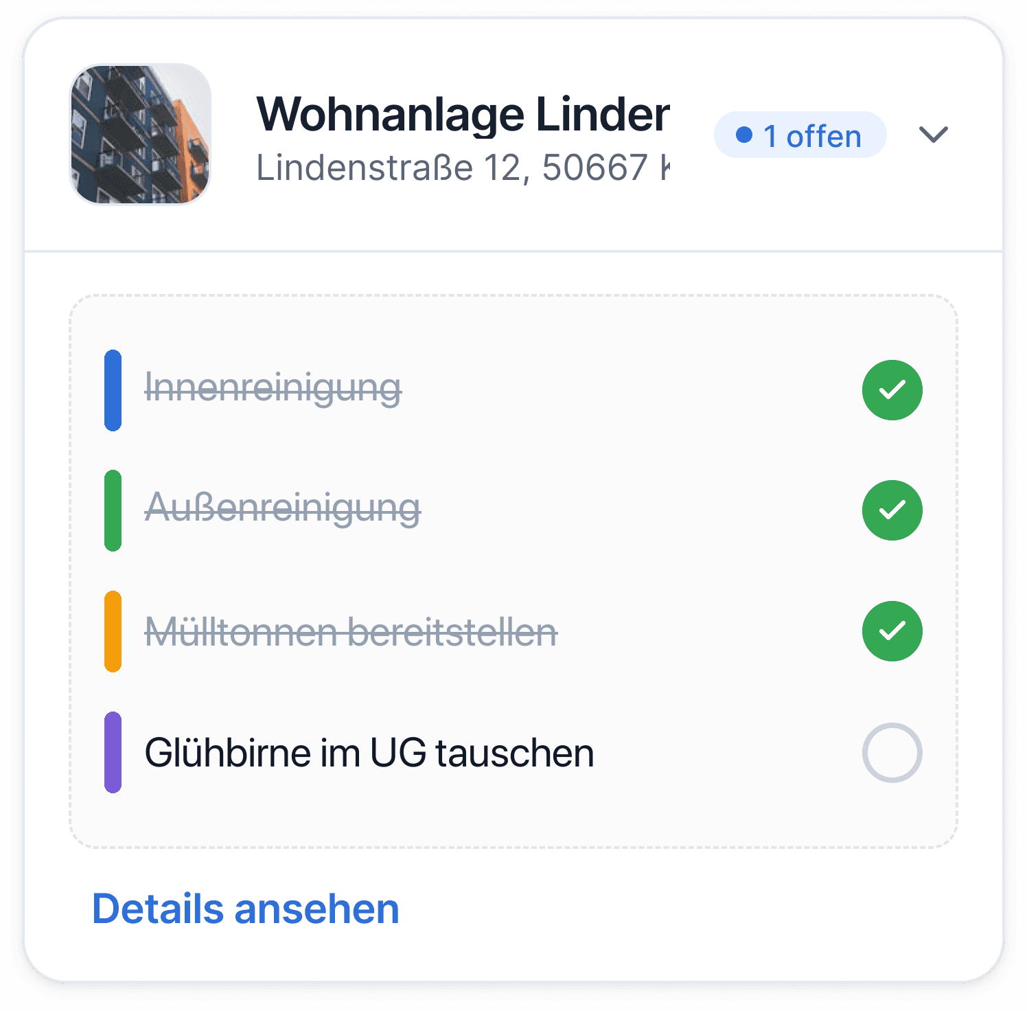 Wohnanlage Linder: Aufgabenliste mit vier farbigen Statuszeilen, einem offenen Punkt und Details ansehen