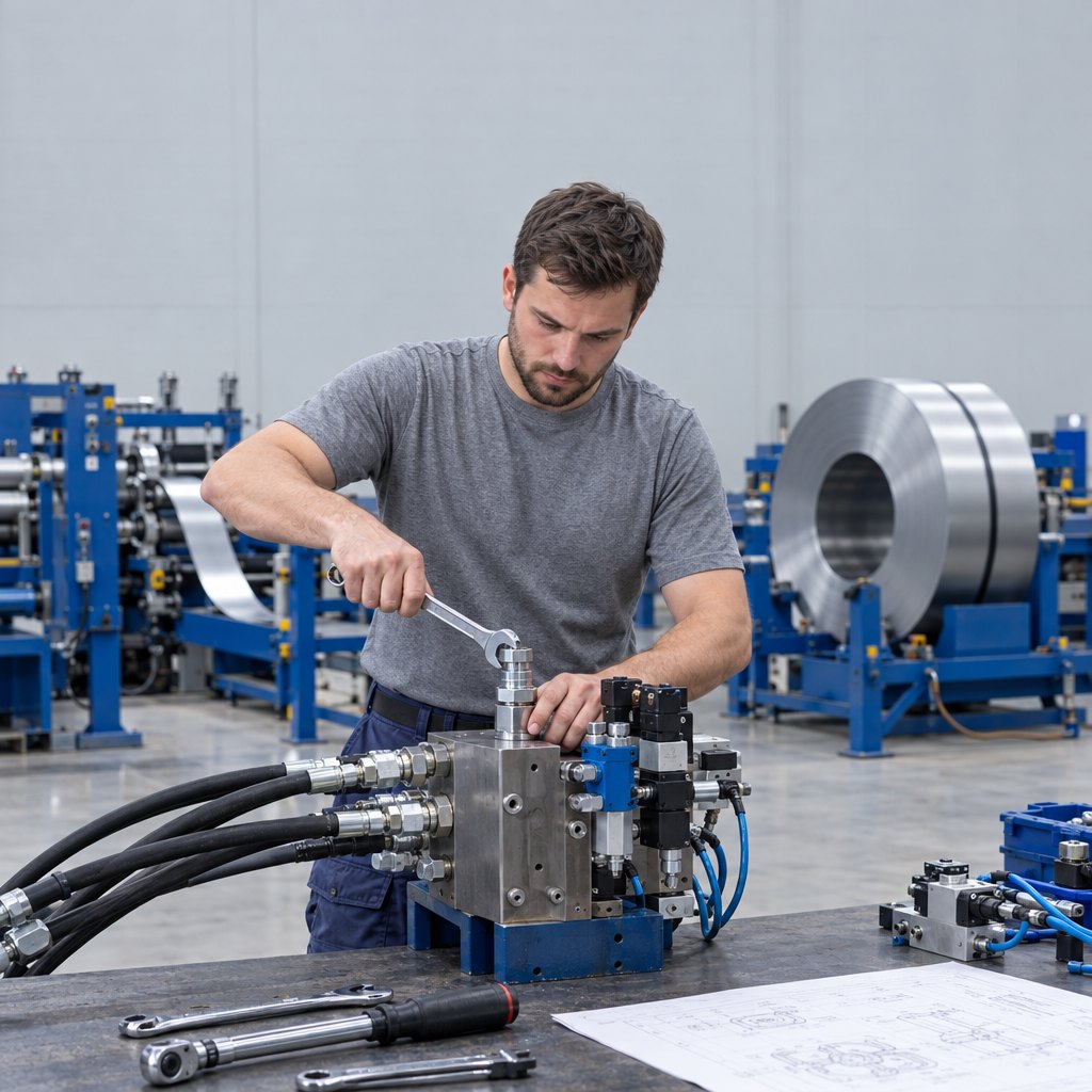 Industriemechaniker montiert eine Hydraulik-Baugruppe (KI-Motiv)