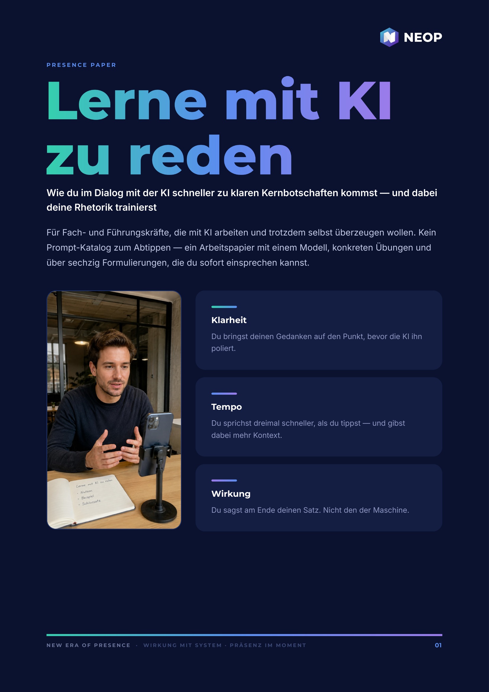 Wer mit der KI reden lernt, lernt zu reden — Titelseite des Presence Papers Rede mit der KI