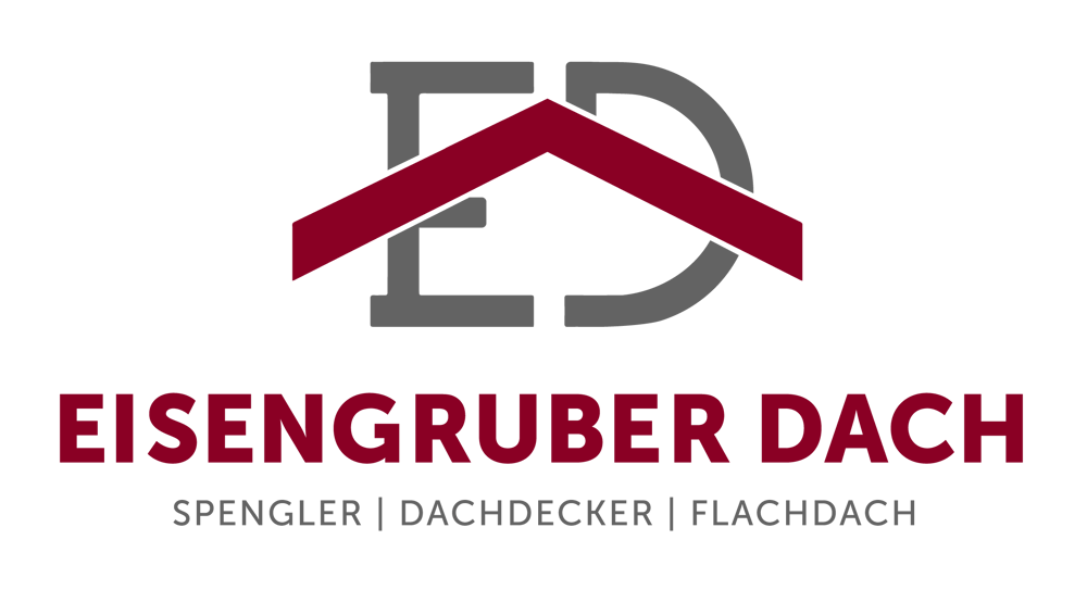 EisenGruber Dach Logo: Rotes Dach über den Buchstaben "ED", darunter "SPENGLER | DACHDECKER | FLACHDACH".