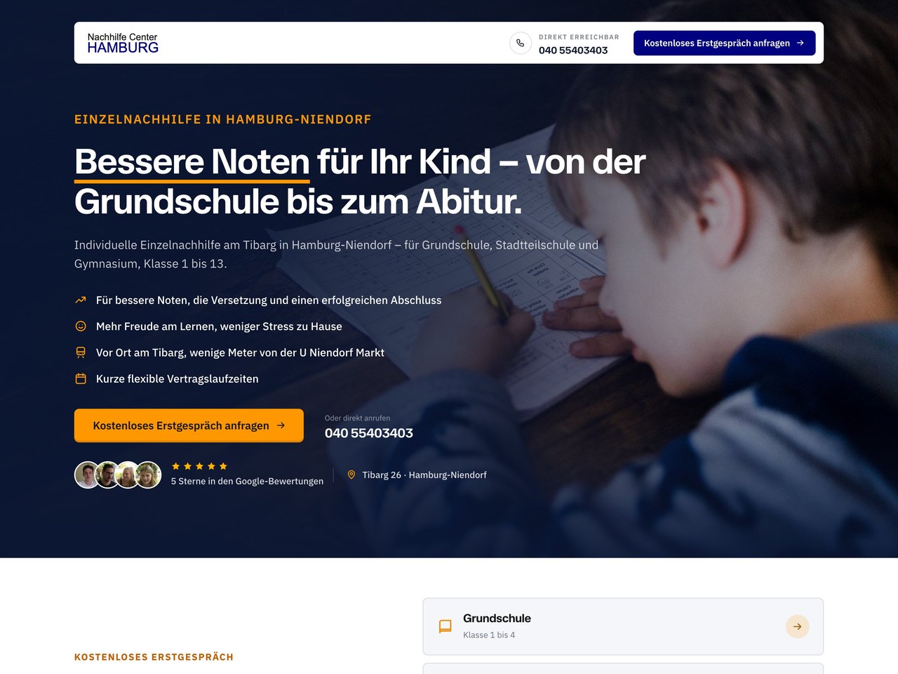 Landingpage des Nachhilfecenters Hamburg