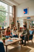 A girl and two adults sit in armchairs talking in a bright, modern school library with large windows and bookshelves.