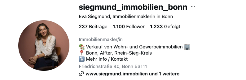 Instagram-Profil von Eva Siegmund, Immobilienmaklerin in Bonn