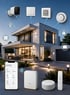 Modernes Haus mit Smart-Home-Geräten: Kamera, Schalter, Thermostat, Rauchmelder, Smartphone-App, Gateway, Alexa und Fernbedienung.