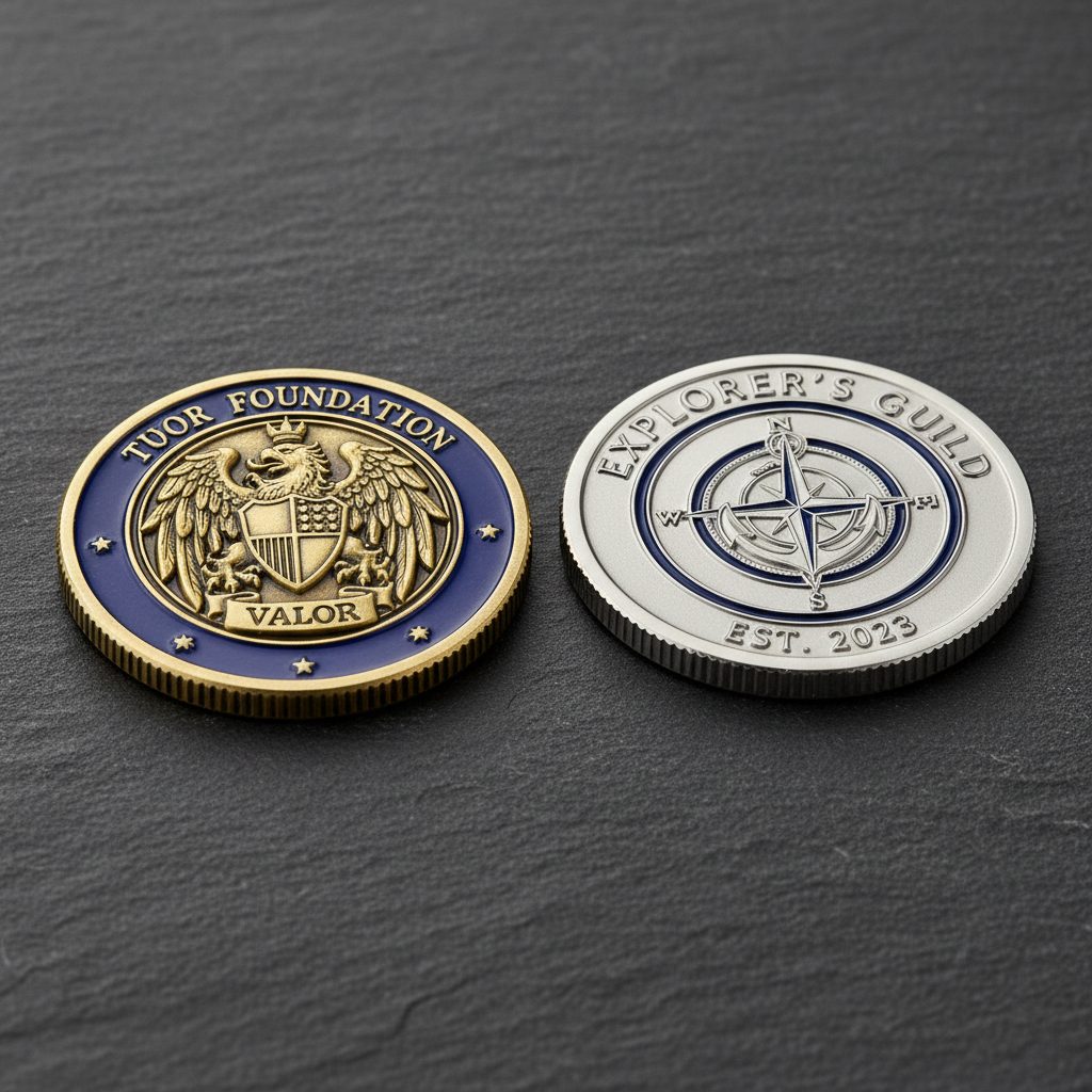 Individueller Challenge Coin mit 3D-Relief, Antik-Finish und blauer Emaille