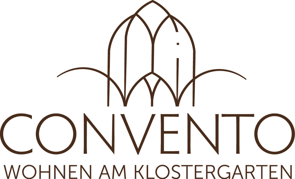 Braunes Logo auf dunkelgrünem Hintergrund: stilisierte Bögen über "CONVENTO WOHNEN AM KLOSTERGARTEN".