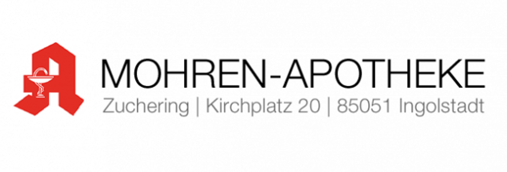 Rotes Apotheken-A-Symbol mit weißem Mörser und Schriftzug Mohren-Apotheke