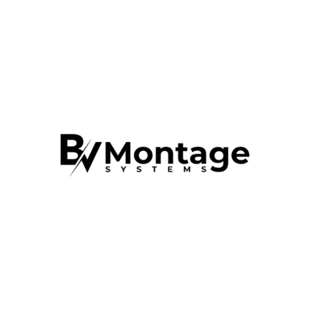 Schwarzes Logo mit „BV Montage SYSTEMS“ auf dunkelgrünem Hintergrund.