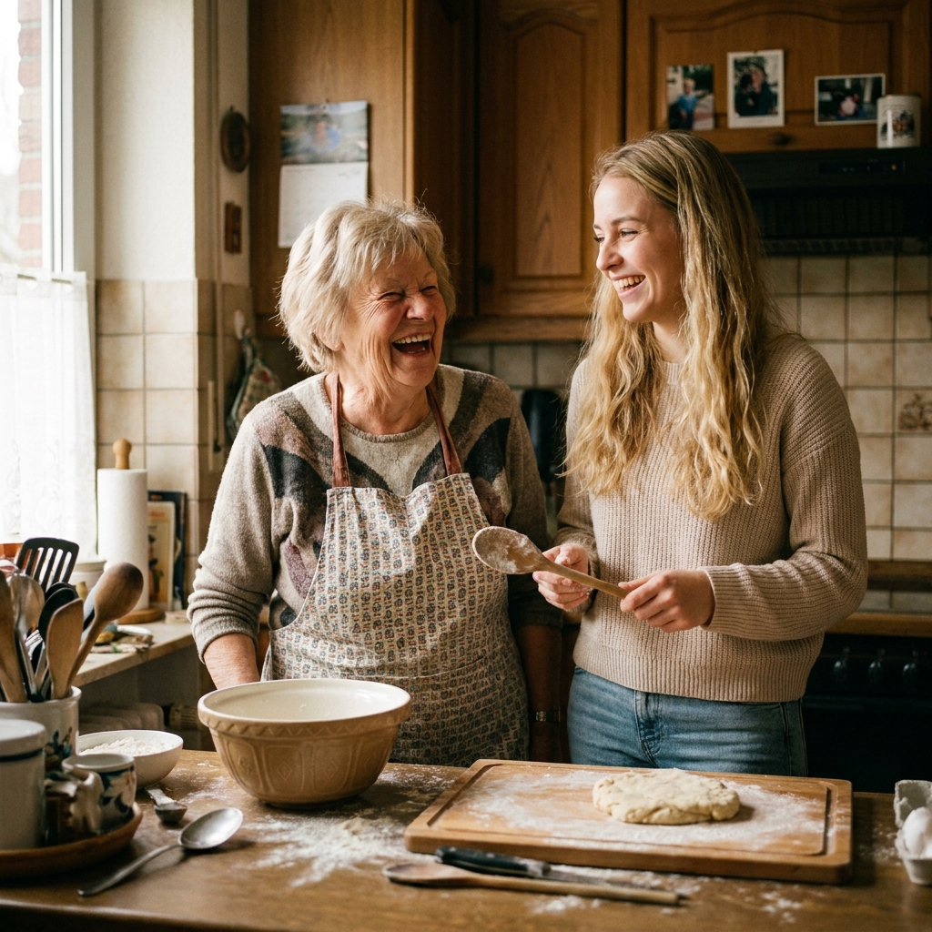 Ältere Frau und junge Betreuerin backen gemeinsam in der Küche und lachen