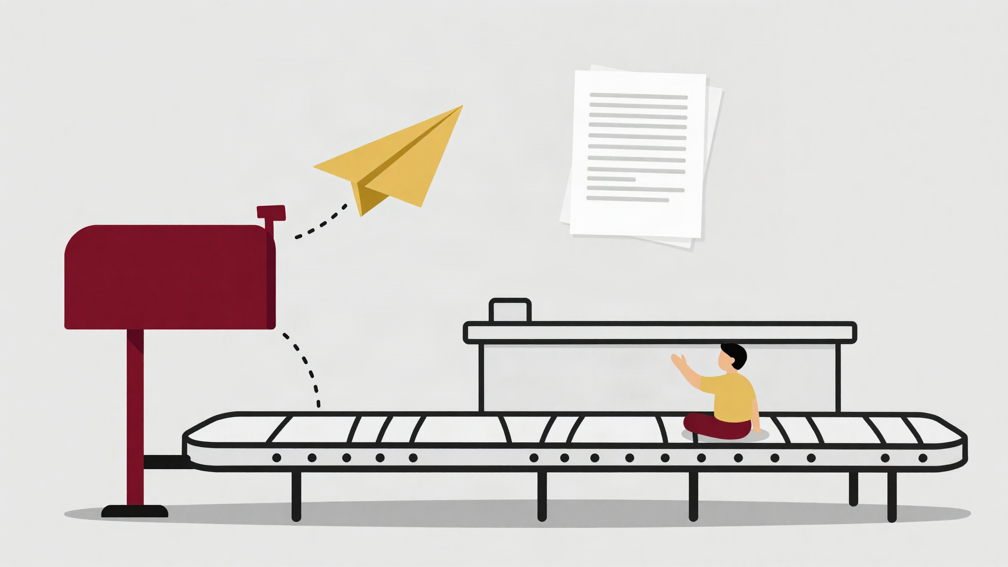 Illustration: Eine Anfrage durchläuft als Papierflieger sieben Stationen bis zur Wiedervorlage.