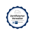 Blaues Siegel mit Text "Zertifizierter Verwalter", IHK Karlsruhe, und Gutwein Hausverwaltung Logo.
