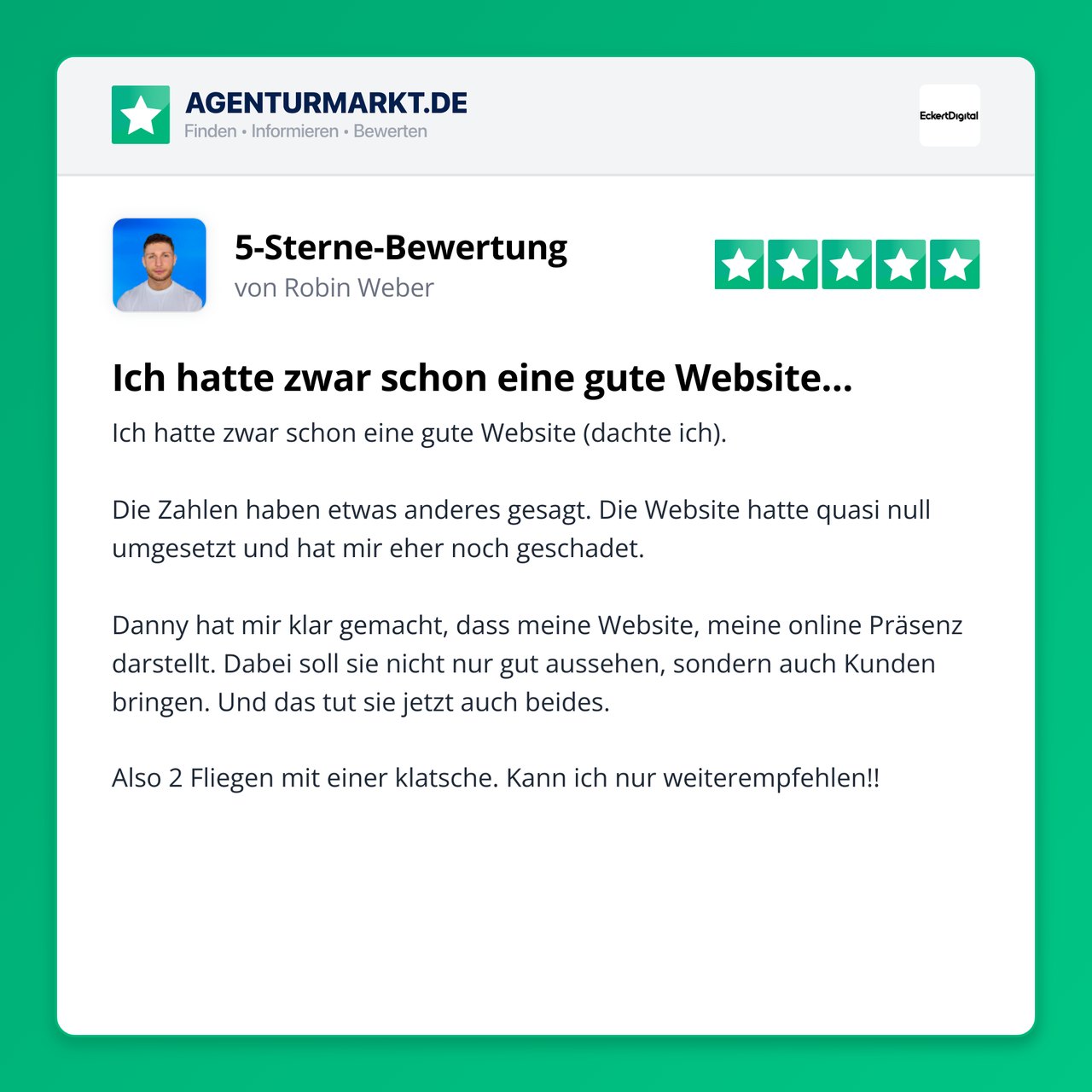 Bewertung von Robin Weber – 5 Sterne auf Agenturmarkt.de