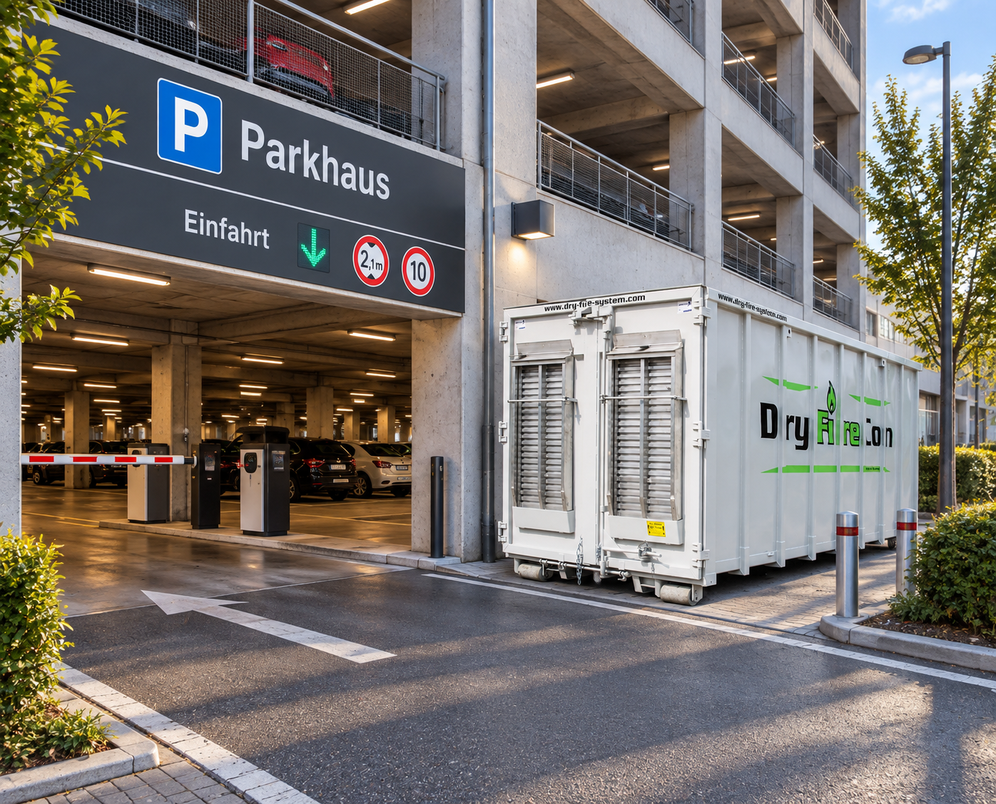 Dry Fire Con auf der Freifläche neben einem Parkhaus