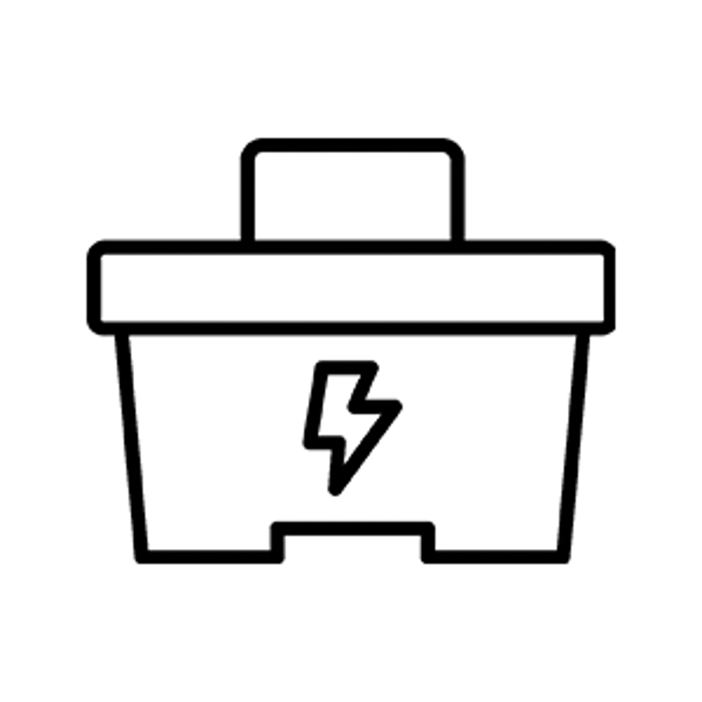 Schwarze Umrisszeichnung einer Batterie mit einem Blitzsymbol in der Mitte.