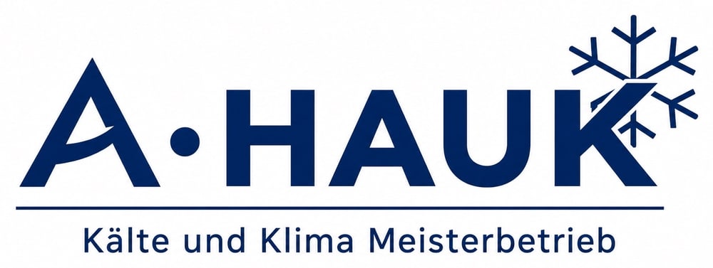 Logo A. HAUK: HKW Kälte – Klima und Wärmepumpenservice, dunkelblaue Schrift mit stilisiertem A als Berg.