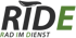 Logo "RIDE" mit Fahrradsattel über dem "I" und "RAD IM DIENST" darunter.