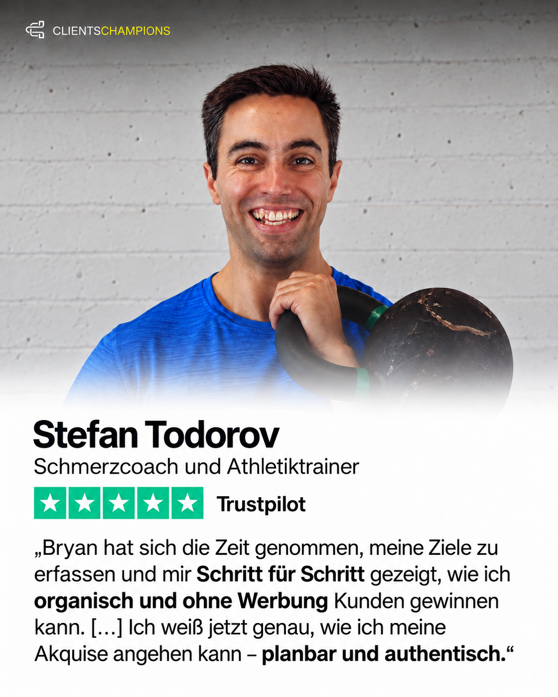 Kundenbewertung von Stefan Todorov mit Porträt und fünf Sternen